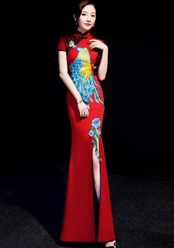 Exquisite Peacock Embroidery Cheongsam Dress