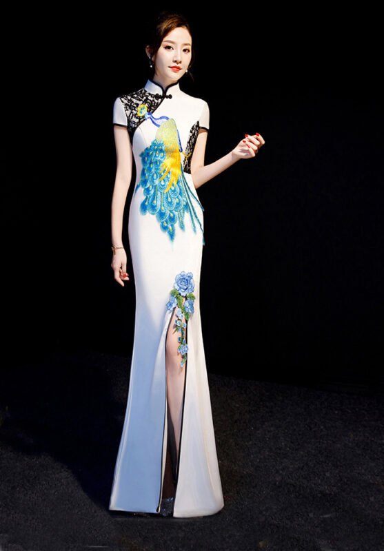 Exquisite Peacock Embroidery Cheongsam Dress