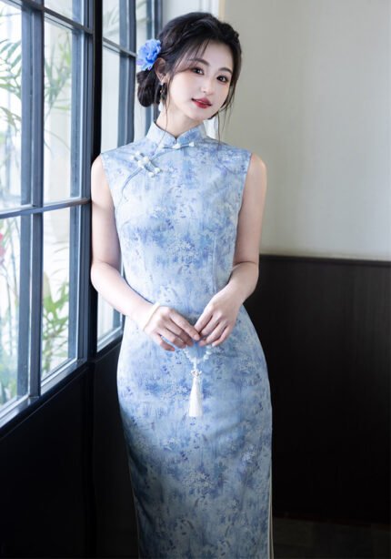 Sleeveless Blue Cheongsam Dress