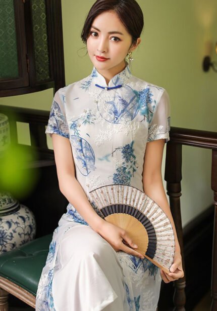 fashion girls chiffon embroidered cheongsam dress