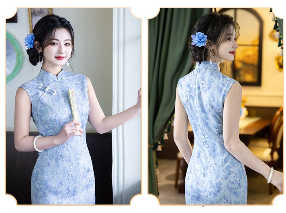 Sleeveless Blue Cheongsam Dress