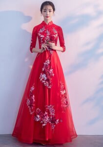 Red Appliques Mid A-Line Wedding Qipao Cheongsam Dress