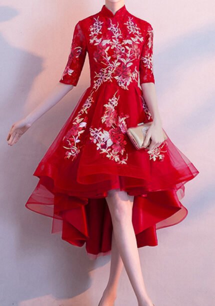 Red Embroidered Tulle Long Qipao Cheongsam Maxi Dress