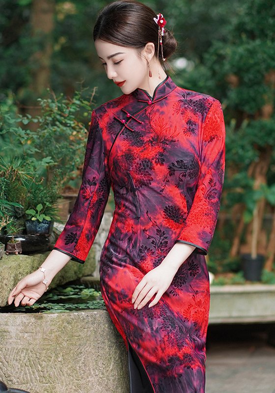 thumbnail image 2 of Brocade Puff Sleeve Button Mini Qipao | Red Pink 2 of 9