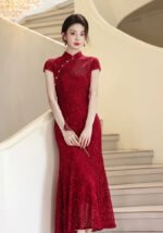 Charming Red Lace Cheongsam Dress Flared Hem