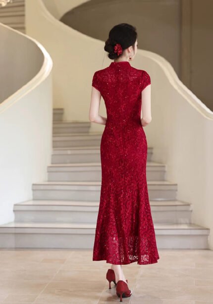 Charming Red Lace Cheongsam Dress Flared Hem