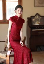 Charming Red Lace Cheongsam Dress Flared Hem