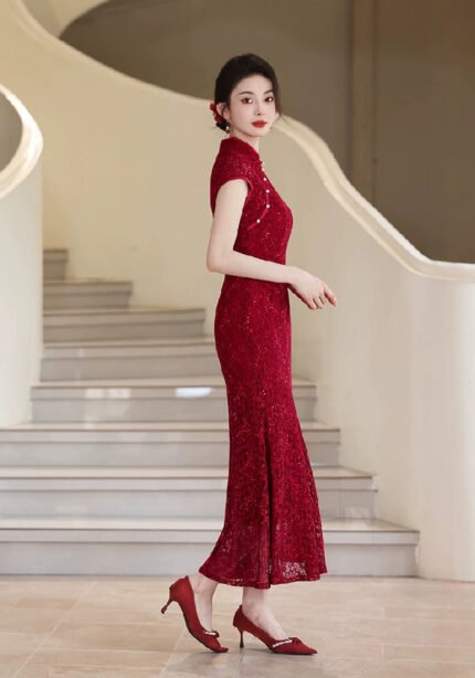 Charming Red Lace Cheongsam Dress Flared Hem