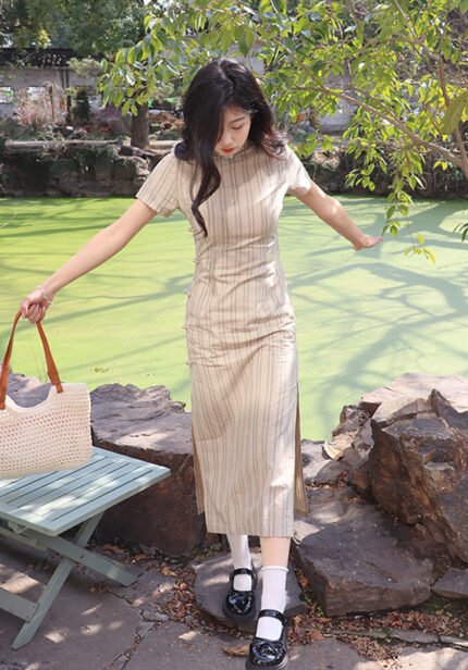Chic Striped Vintage Cheongsam Dress