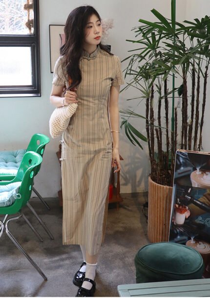 Chic Striped Vintage Cheongsam Dress