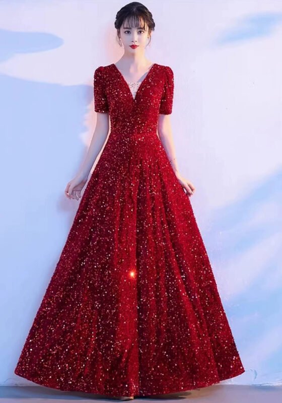 Elegant Red Sequined V-Neck Evening Gown
