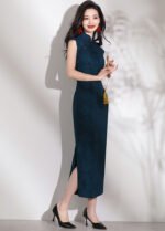 Navy Blue Cheongsam Traditional Chinese Petal Collar