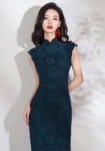 Navy Blue Cheongsam Traditional Chinese Petal Collar