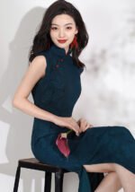 Navy Blue Cheongsam Traditional Chinese Petal Collar