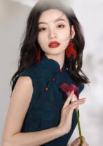 Navy Blue Cheongsam Traditional Chinese Petal Collar