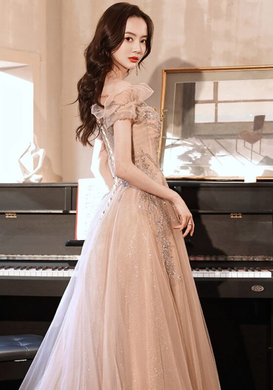 Off-Shoulder Beaded Tulle Evening Gown Dress
