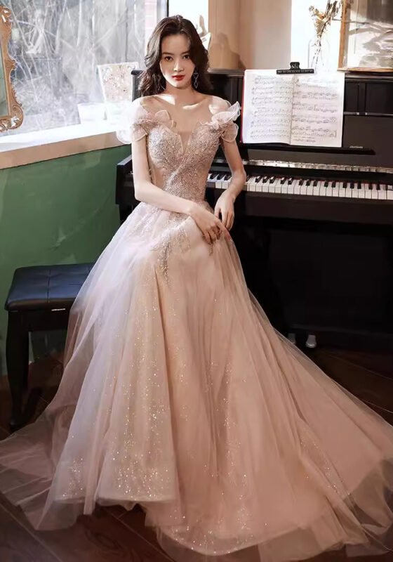 Off-Shoulder Beaded Tulle Evening Gown Dress