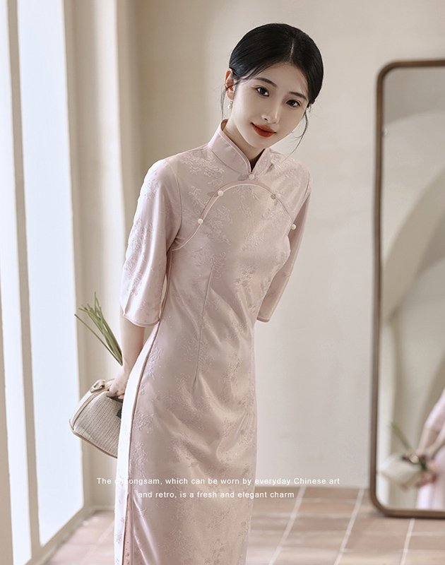 Pink Chinese Cheongsam Half Sleeve Dress