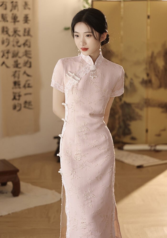 Pink Chinese Dress Lace Cheongsam