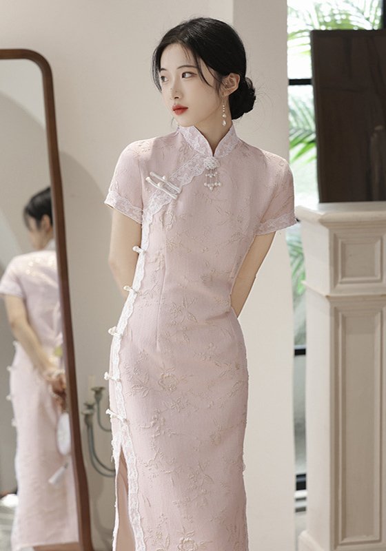 Pink Chinese Dress Lace Cheongsam