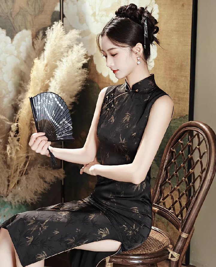 Sleeveless Black Cheongsam Dress Double-layer