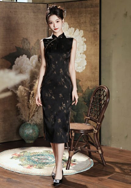 Sleeveless Black Cheongsam Dress Double-layer