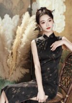 Sleeveless Black Cheongsam Dress Double-layer