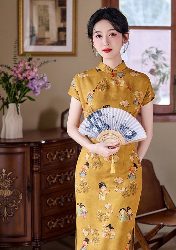 Tang Dynasty Pattern Cheongsam Chinese Yellow Dress