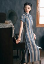 ​​Vintage Cheongsam Retro Frog Buttons Striped Qipao