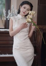 Vintage Ivory White Cheongsam Floral Embroidery Dress