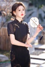 Black mesh cheongsam dress