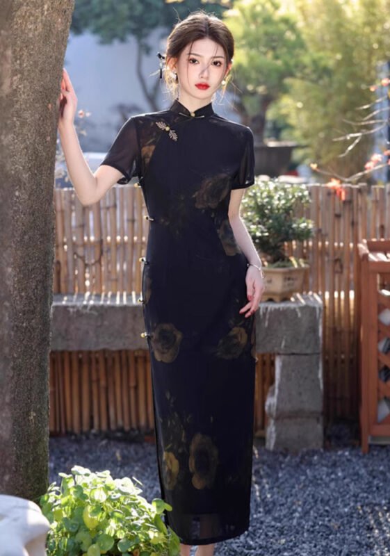 Black mesh cheongsam dress