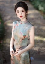 2025 Classic Floral Cheongsam Dress Jade Blue Peony Blooms