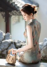 2025 Classic Floral Cheongsam Dress Jade Blue Peony Blooms