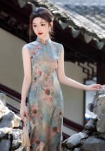 2025 Classic Floral Cheongsam Dress Jade Blue Peony Blooms