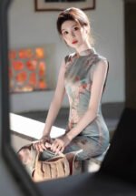 2025 Classic Floral Cheongsam Dress Jade Blue Peony Blooms