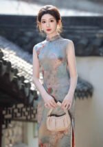 2025 Classic Floral Cheongsam Dress Jade Blue Peony Blooms