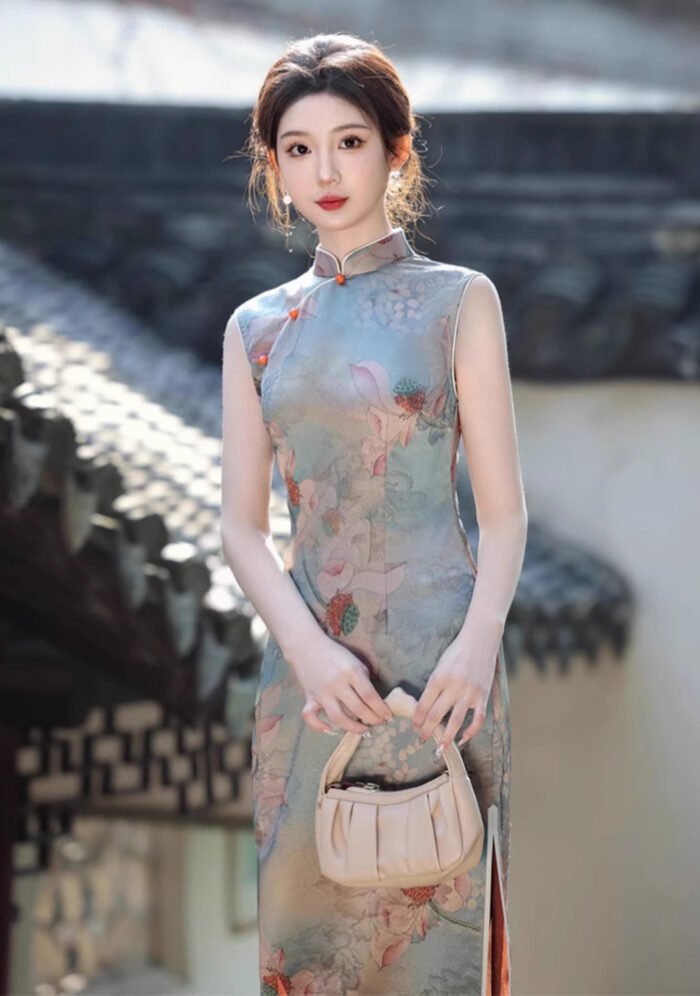 2025 Classic Floral Cheongsam Dress Jade Blue Peony Blooms