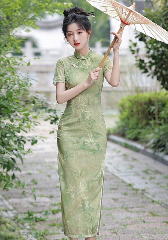 2025 Elegant Green Bamboo Cheongsam Dress