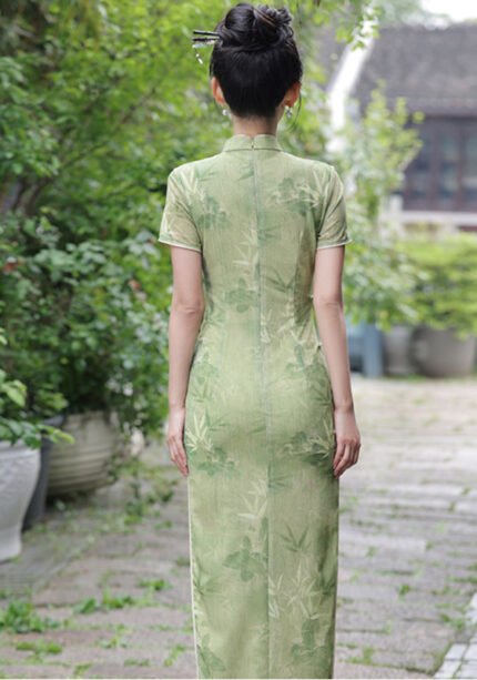 2025 Elegant Green Bamboo Cheongsam Dress