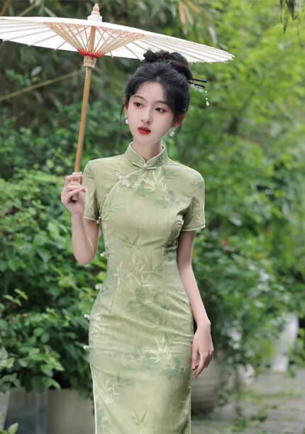 2025 Elegant Green Bamboo Cheongsam Dress