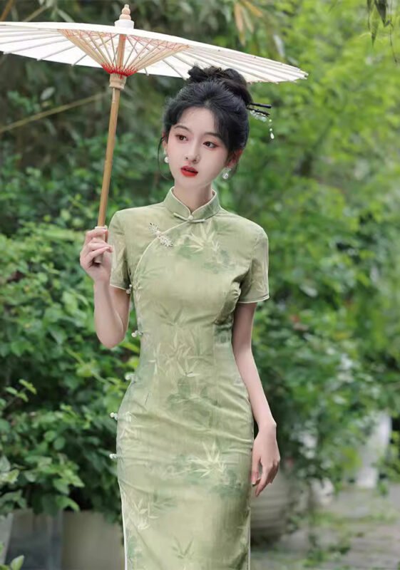 2025 Elegant Green Bamboo Cheongsam Dress