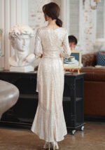 2025 French Champagne Rose Gold Sequin Evening Gown with V-Neck & Cascading Ruffles