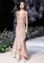 2025 French Champagne Rose Gold Sequin Evening Gown with V-Neck & Cascading Ruffles