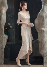 2025 French Champagne Rose Gold Sequin Evening Gown with V-Neck & Cascading Ruffles