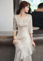 2025 French Champagne Rose Gold Sequin Evening Gown with V-Neck & Cascading Ruffles