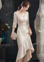 2025 French Champagne Rose Gold Sequin Evening Gown with V-Neck & Cascading Ruffles