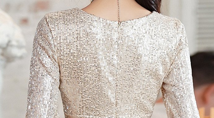 2025 French Champagne Rose Gold Sequin Evening Gown with V-Neck & Cascading Ruffles