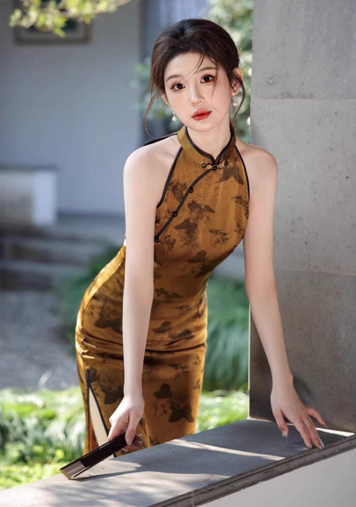 New Chinese Style Summer Retro Halter Neck Silver Butterfly Shadow Print Sleeveless Cheongsam Dress