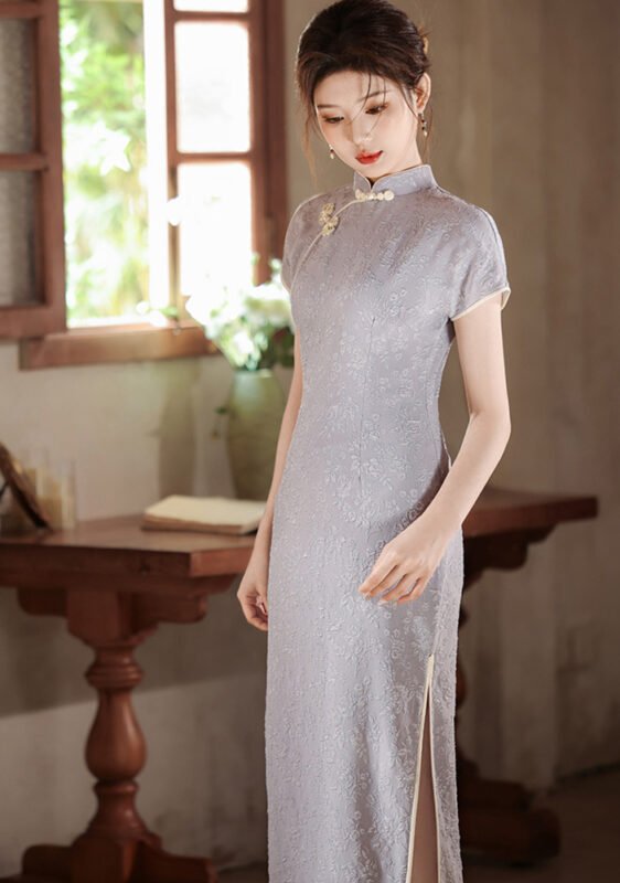 2025 New Style Light Long Grey Cheongsam Dress
